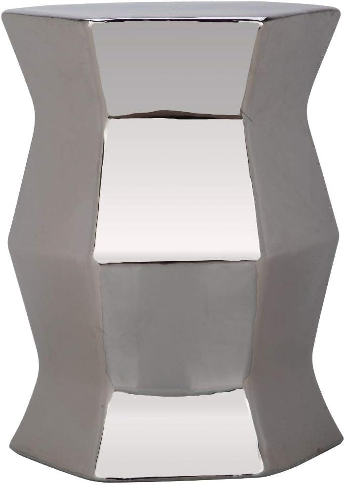 Contemporary Silver Hexagon Ceramic Garden Stool, 17''