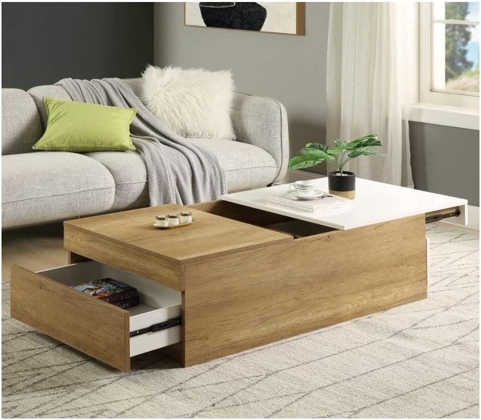 Oak and White Rectangular Coffee Table with Hidden Storage