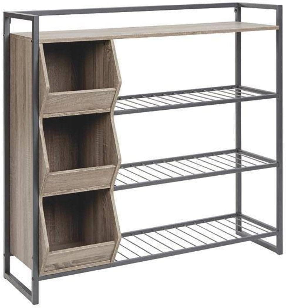 Transitional Black and Brown Metal Shoe Rack with Cubbies