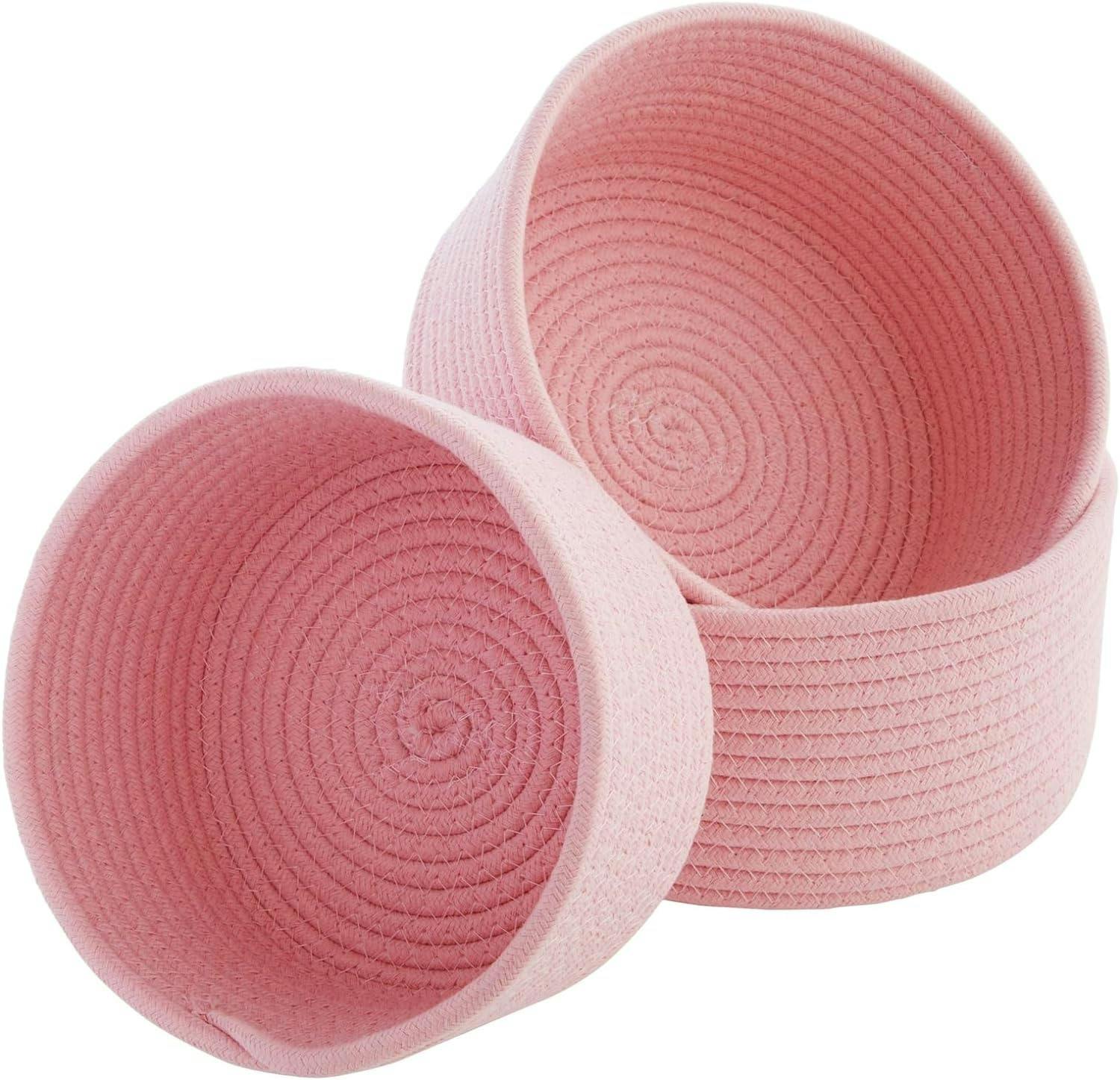 Elegant Pink Cotton Rope Woven Storage Basket Trio