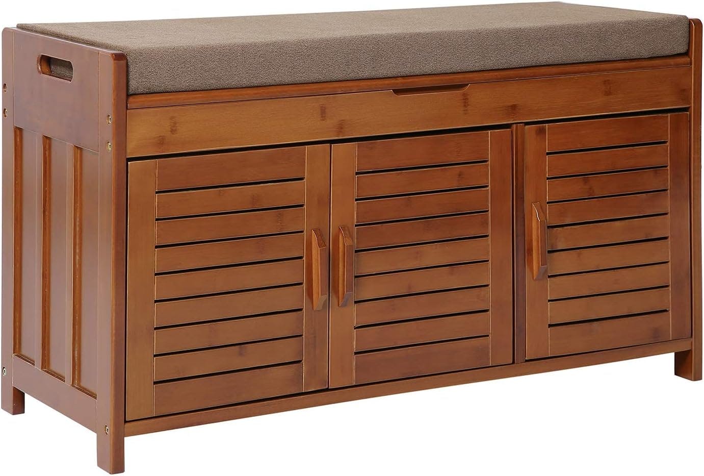 Bamboo Entryway Bench with Hidden Shoe Storage and Detachable Cushion