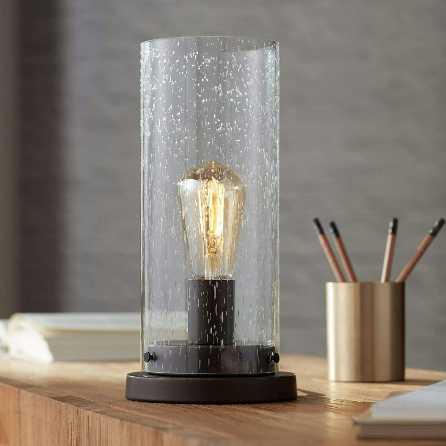 Rustic Bronze Edison Accent Table Lamp with Seedy Glass Shade