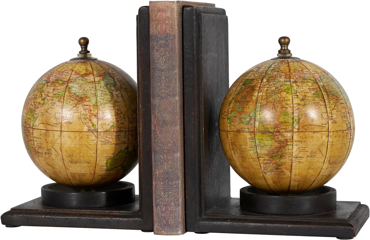 Elegant Sepia Globe Wooden Bookends with Metallic Accents, Set of 2
