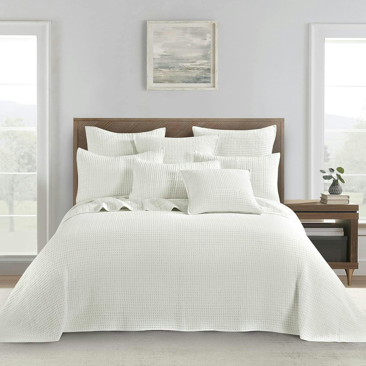 Luxurious Cream Cotton Waffle Full Bedspread Set with Reversible Microfiber