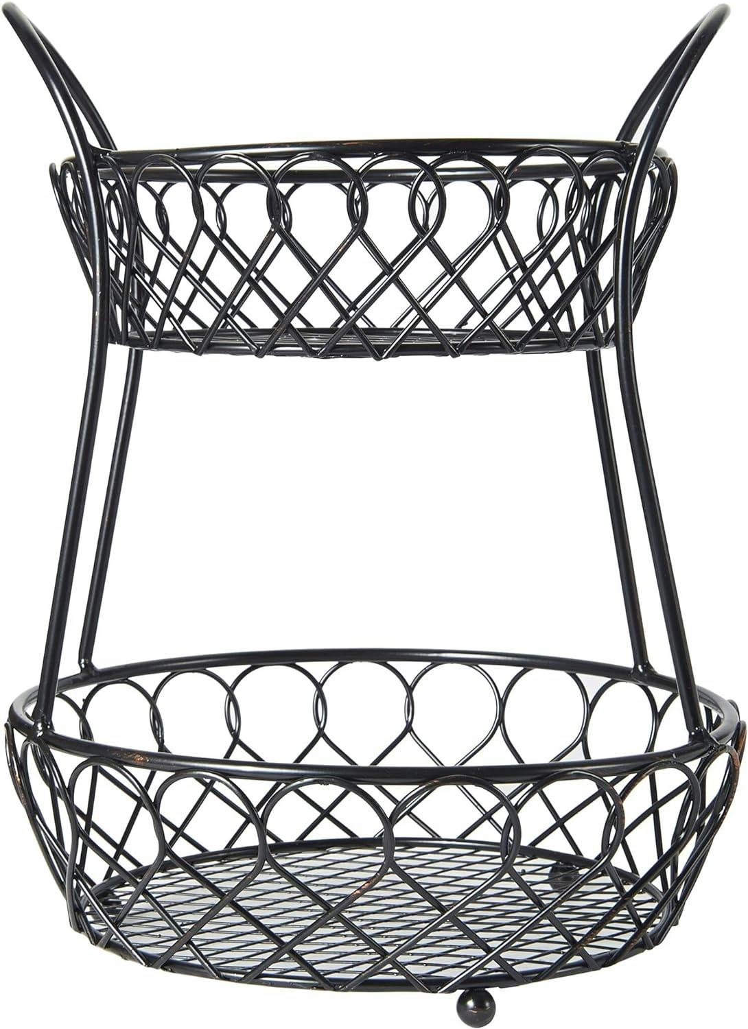 Classic Antique Black Wrought Iron 2-Tier Storage Basket