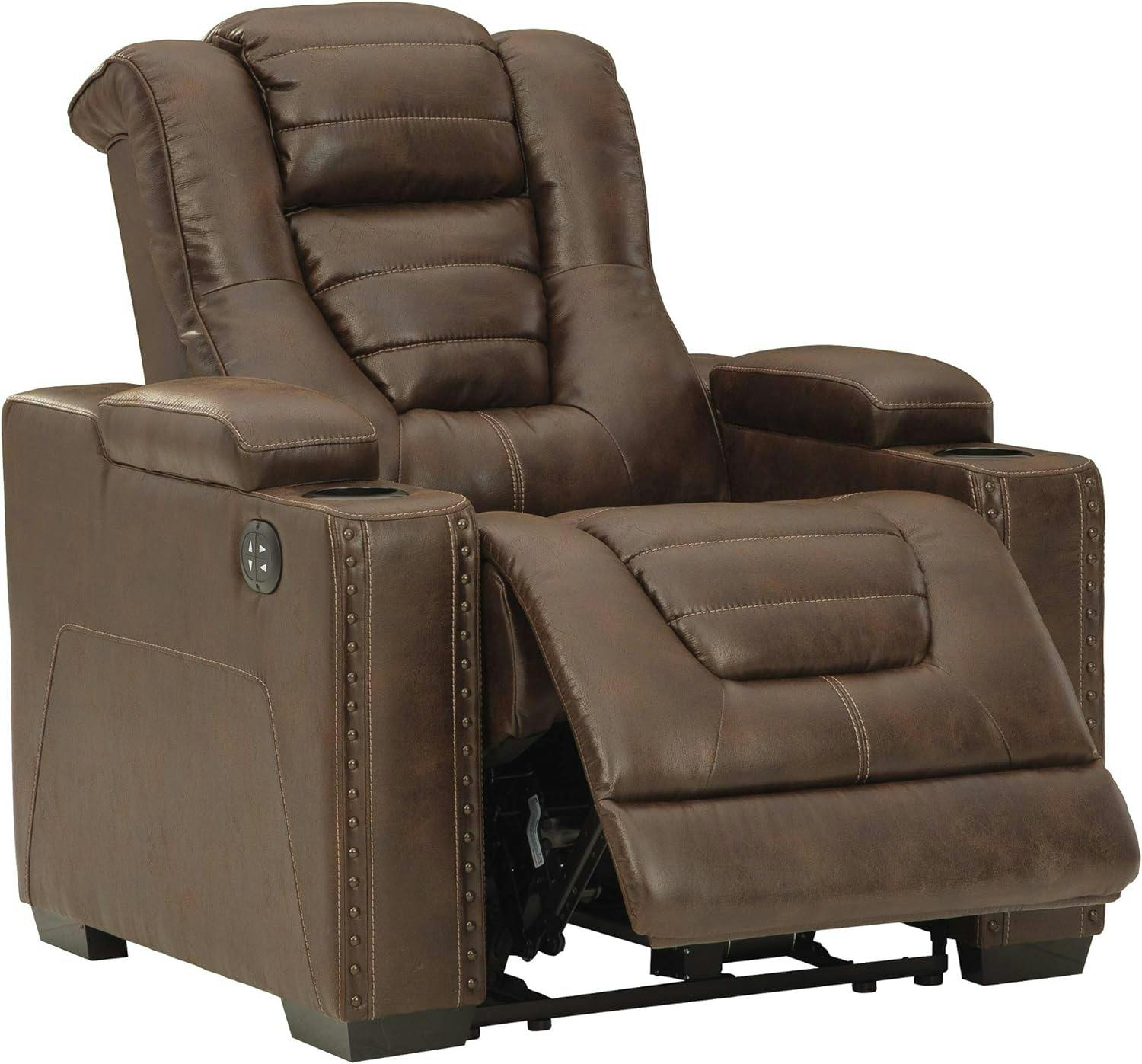 Transitional 38" Brown Faux Leather Power Recliner with Headrest