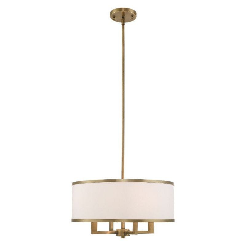 Mini Drum 4-Light Chandelier in Antique Brass with Off-White Shade