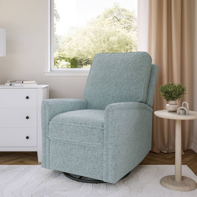 Soothing Spot Blue Swivel Recliner with Wooden Accents