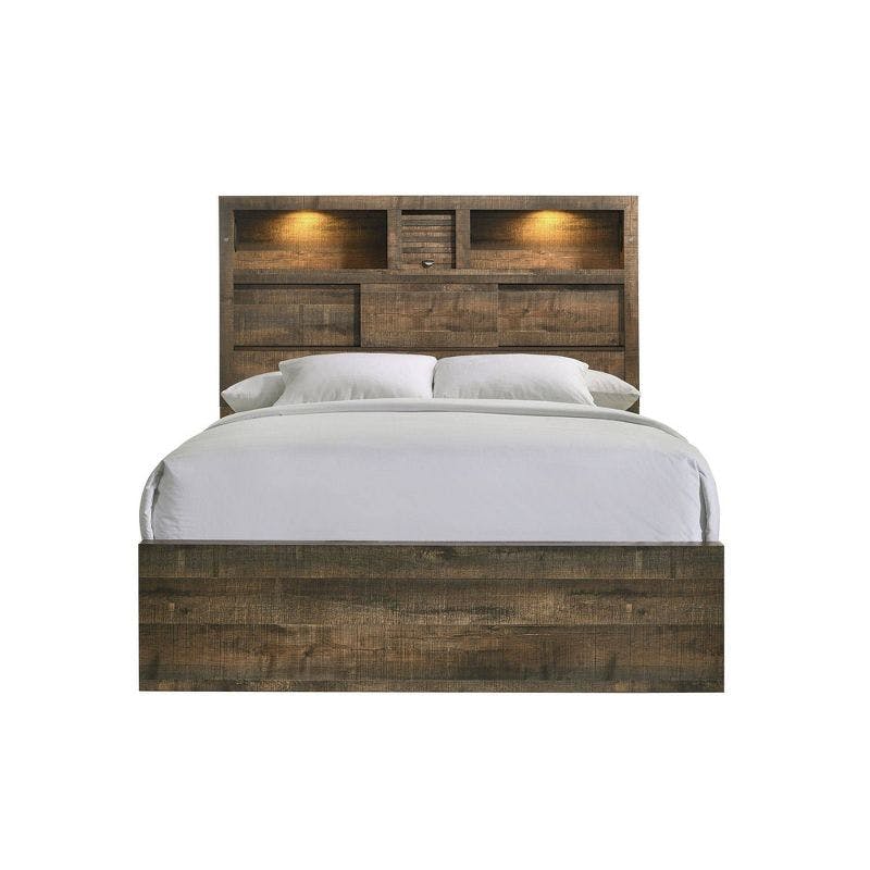 Rustic Pine King Bookcase Bed with Bluetooth and USB Port