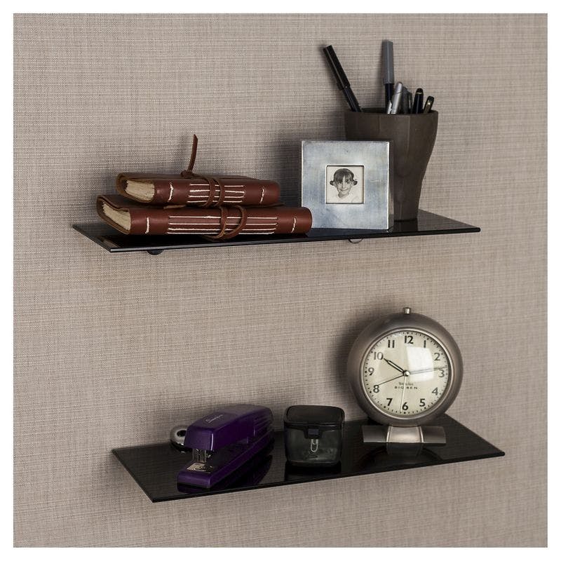 Modern Black Glass 20" Floating Wall Shelf Set with Chrome Brackets