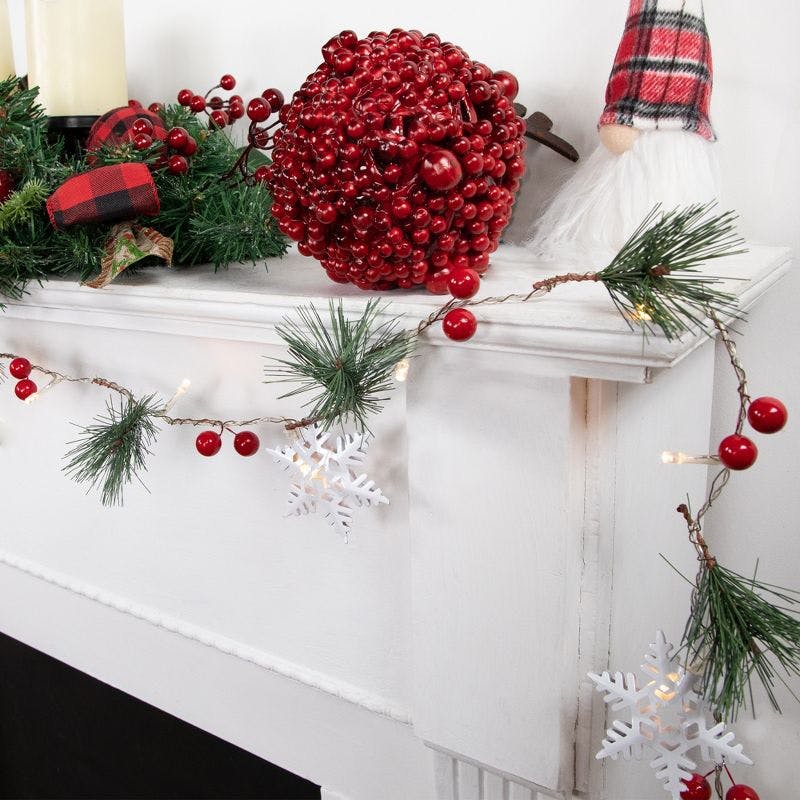 Festive Pine and Berry LED Garland with Snowflakes - 6ft