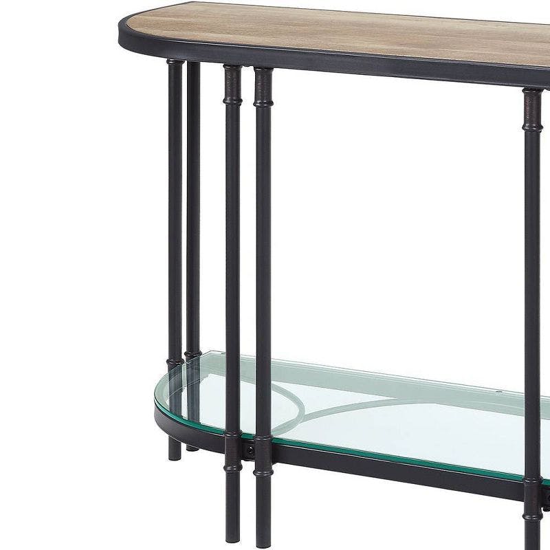 Oak Wood Grain & Sandy Black Metal Demilune Console Table with Glass Shelf