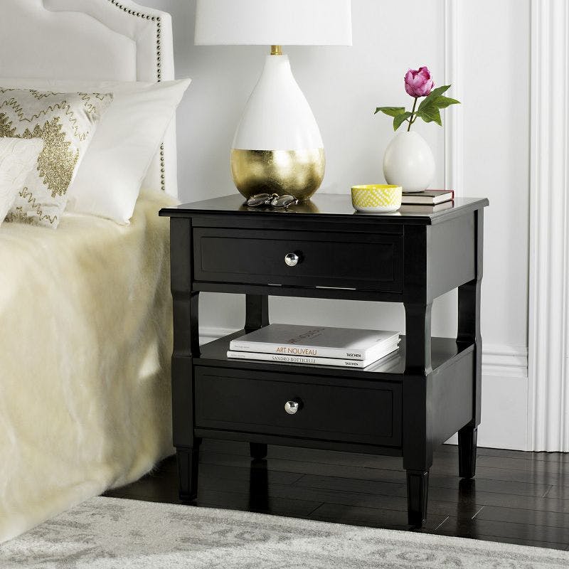 Burgundy Inspired Black 2-Drawer Nightstand with Silver Pulls