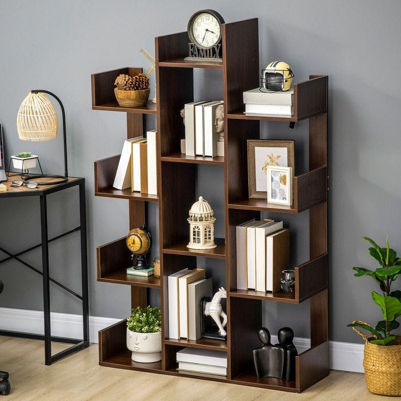 Modern Tree-Shaped Freestanding Brown Wood Bookshelf with 13 Shelves