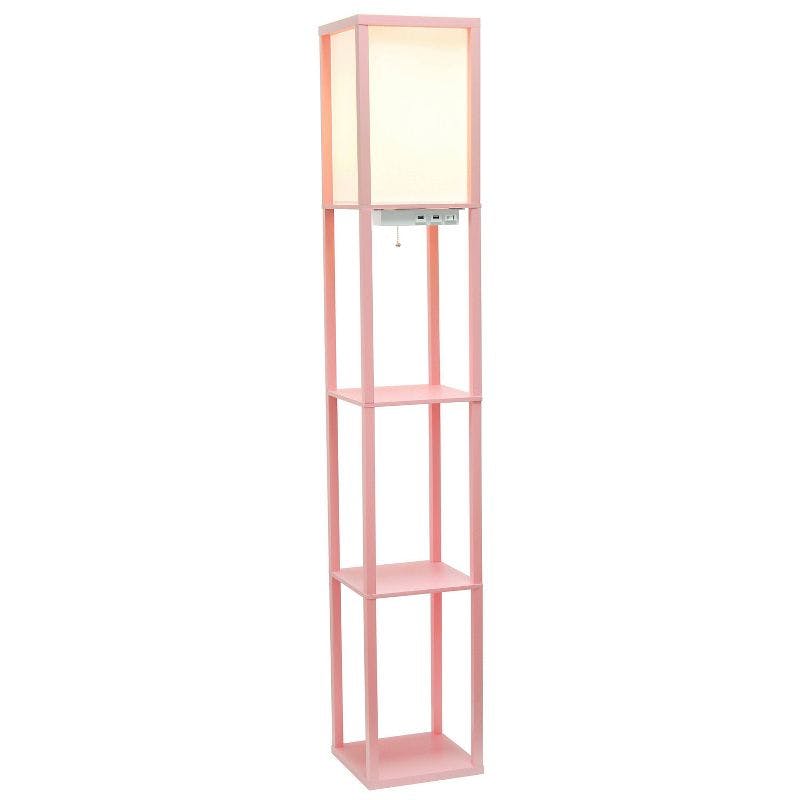 Light Pink Etagere Floor Lamp with USB Ports and Linen Shade