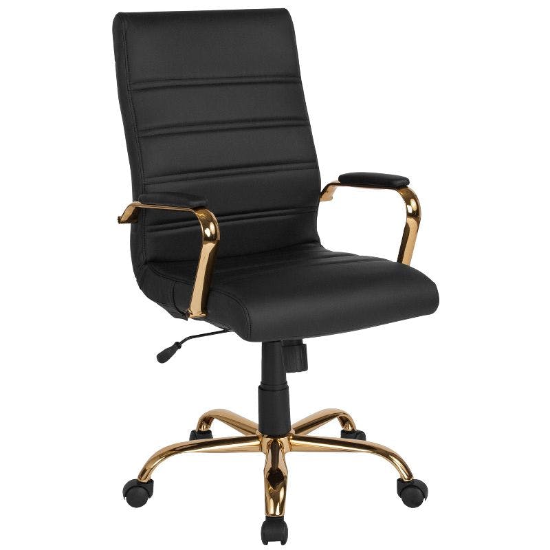 Elegant High-Back Black Faux Leather Office Chair with Gold Accents