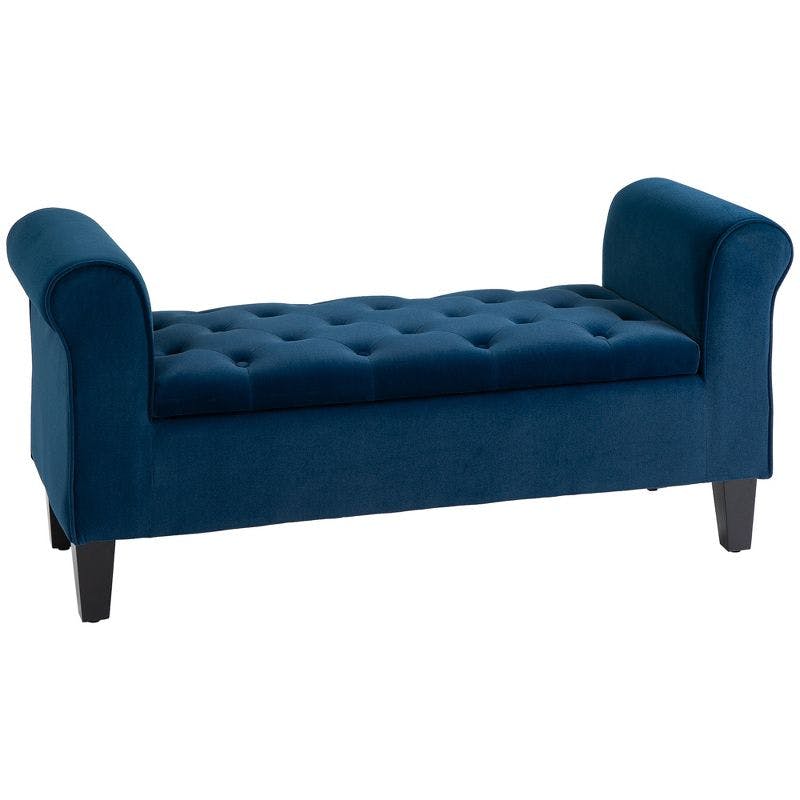 Elegant Blue Velvet Button-Tufted Ottoman Bench with Storage and Rolled Armrests
