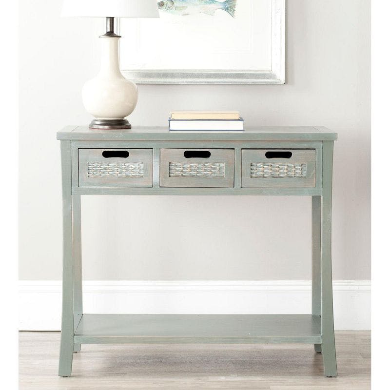 Transitional Ash Grey Rectangular Console Table with Wicker Drawers