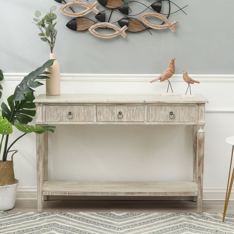 Whitewashed Farmhouse Chic Wood Console Table with Storage