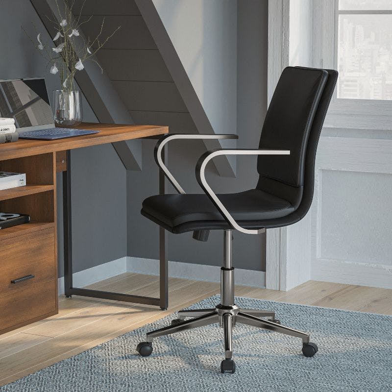 Modern Swivel Mid-Back Executive Chair in Brushed Chrome and Black Leather