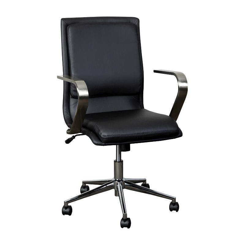 Modern Swivel Mid-Back Executive Chair in Brushed Chrome and Black Leather