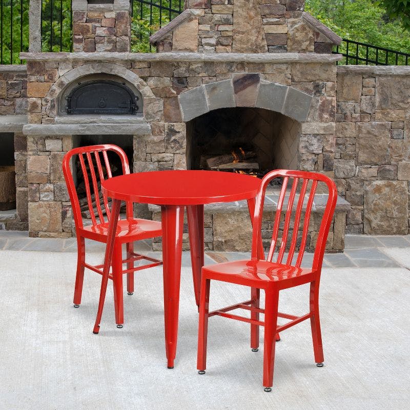 Retro-Modern 30" Round Red Metal Table & 2 Slat Back Chairs Set