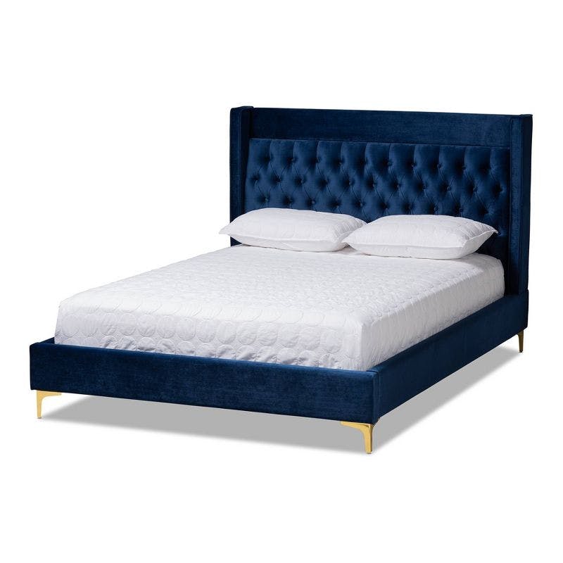 Navy Blue Velvet King Platform Bed with Gold Metal Legs