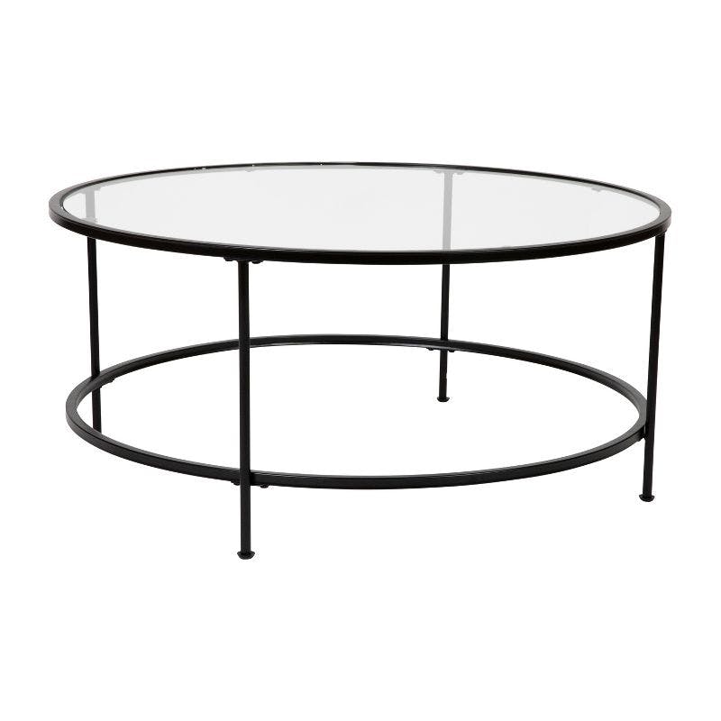 38" Round Glass Coffee Table with Matte Black Metal Base