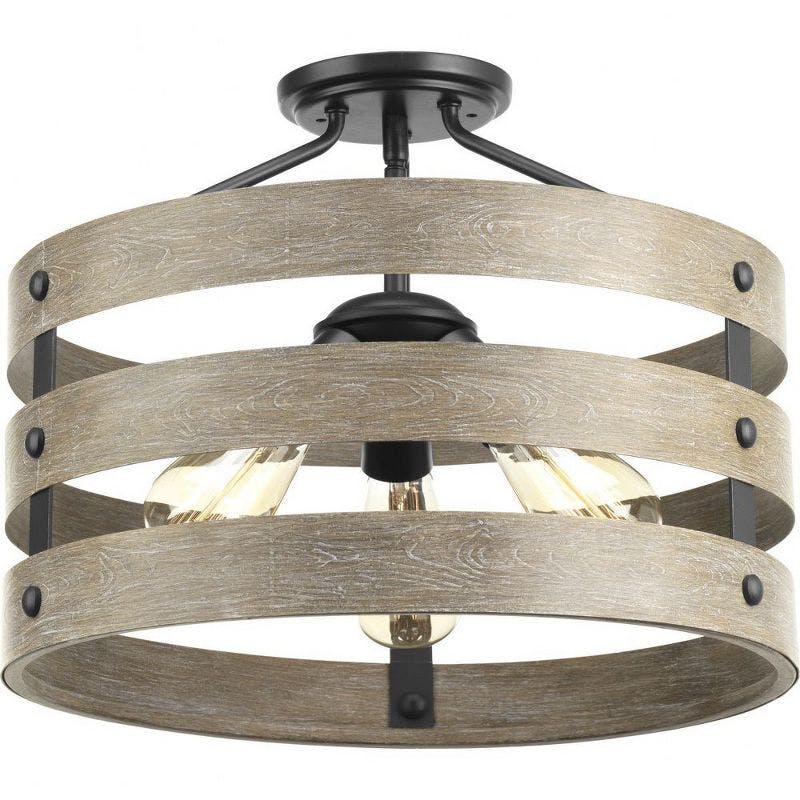 Gulliver Graphite & Wood-Grain 17" Drum Semi-Flush Ceiling Light