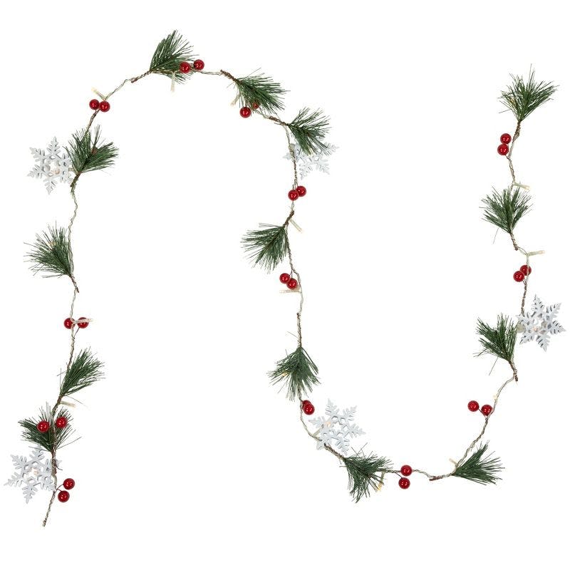Festive Pine and Berry LED Garland with Snowflakes - 6ft
