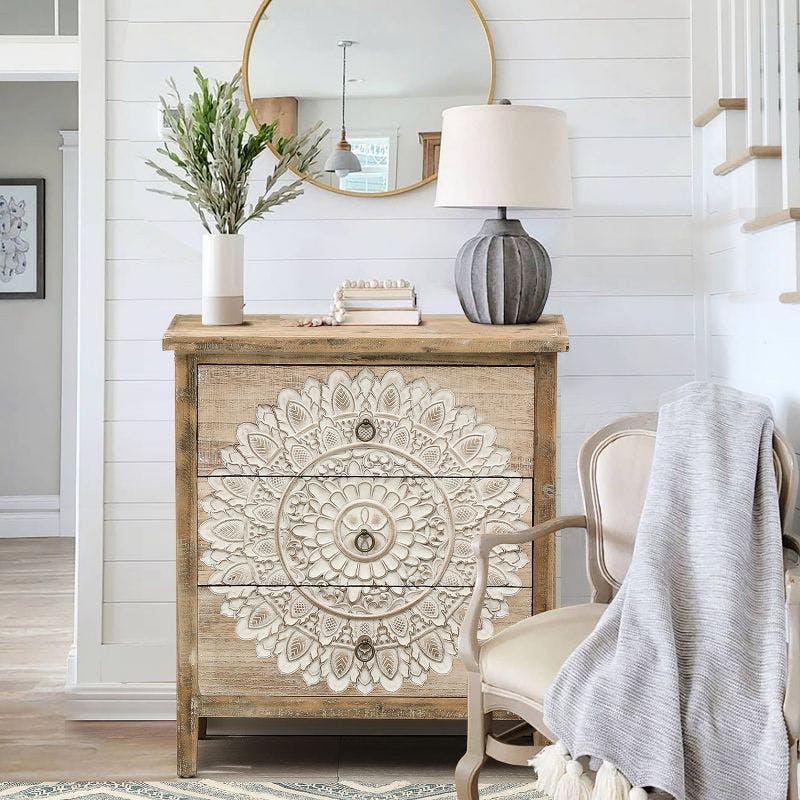 Whitewashed Carved Medallion 3-Drawer Accent Chest in Natural Wood