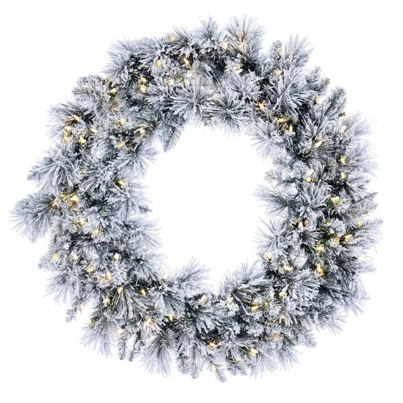 Flocked Pine Pre-Lit Outdoor Wreath with Warm White LED Lights, 28 in