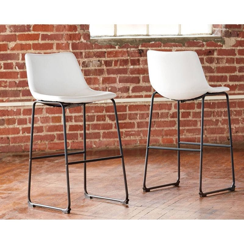 Industrial White & Black Faux Leather Barstool with Metal Base