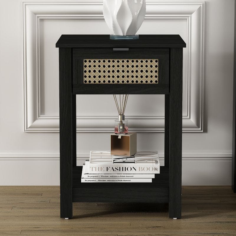 Oslo Oak and Black Oak 1-Drawer Nightstand with Rattan Accent