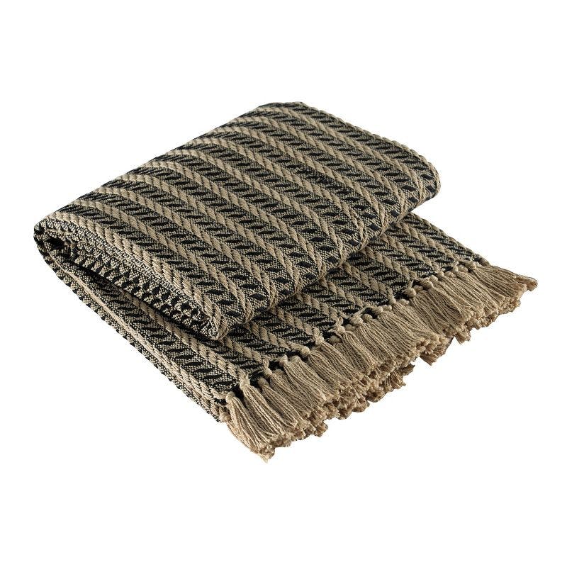 Cozy Cotton Cable Knit Throw Blanket in Black & Tan