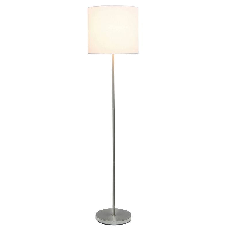 Brushed Nickel Floor Lamp with White Drum Shade and Shelf