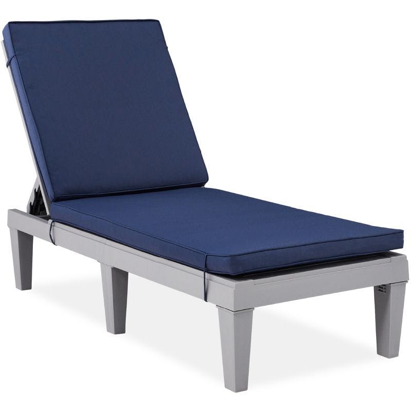 Rustic Faux-Wood Outdoor Chaise Lounger with Plush Cushion - Gray/Navy