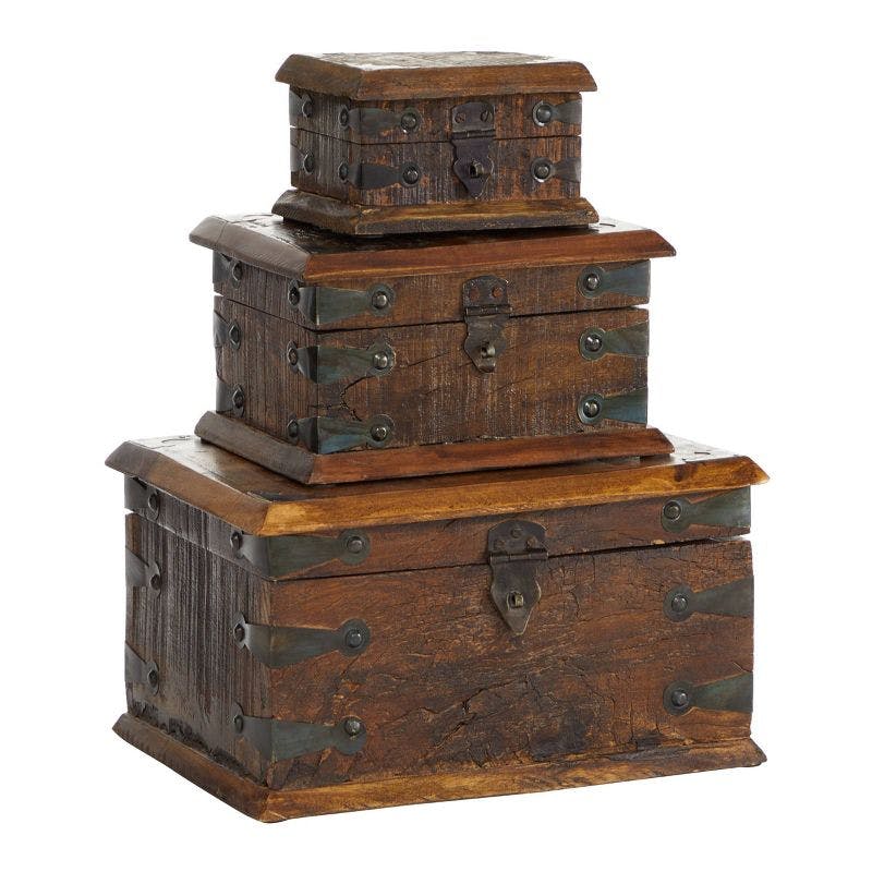 Rustic Reclaimed Wood Lidded Organizer Boxes with Dividers - Set of 3