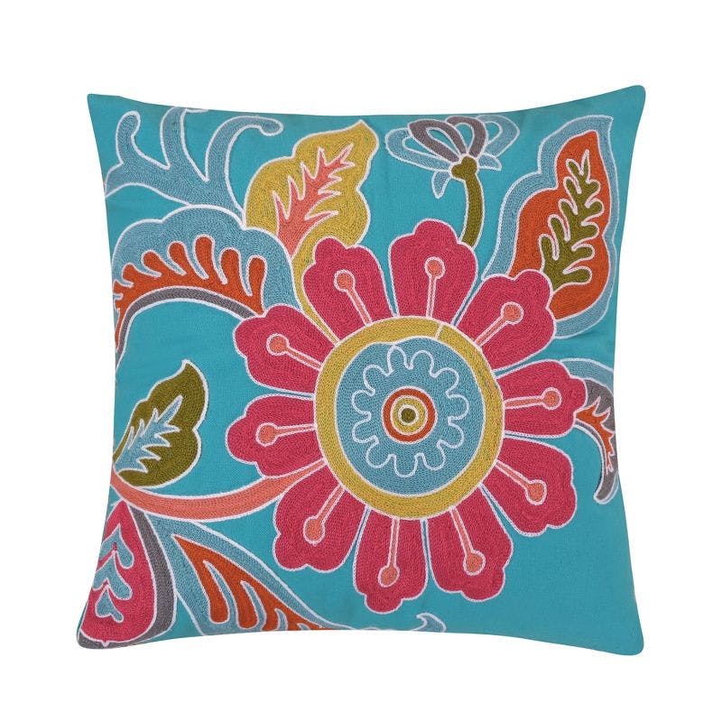 Palisades Crewel-Stitched Floral Decorative Pillow in Teal - 18"x18"