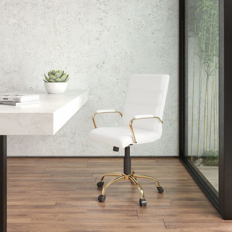 Ergonomic Mid-Back Swivel Executive Chair in White LeatherSoft with Gold Metal Frame