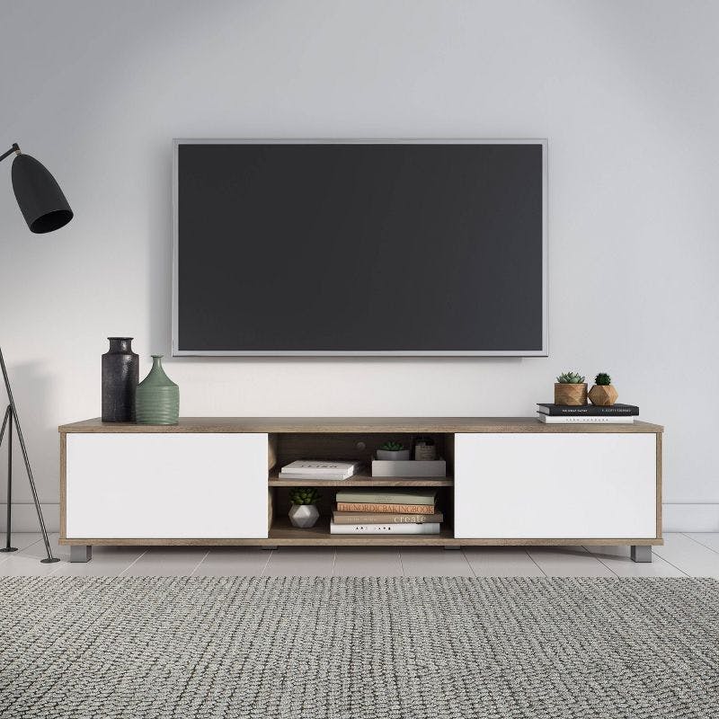 Modern Hollywood 76" White & Brown Wood Grain TV Stand with Storage