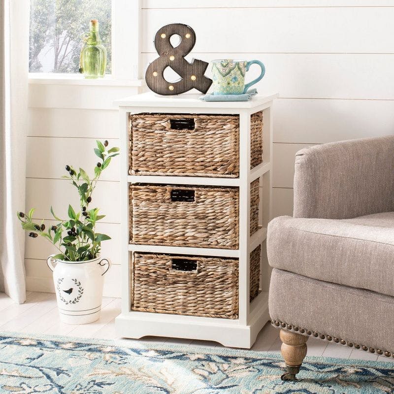Distressed White Pine Wood 3-Drawer Side Table with Wicker Baskets