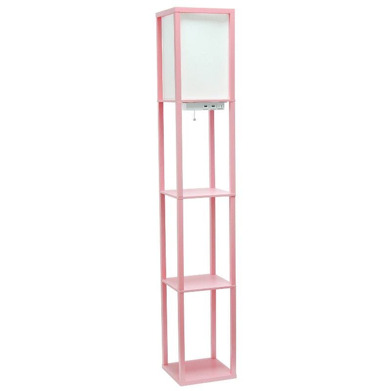 Light Pink Etagere Floor Lamp with USB Ports and Linen Shade
