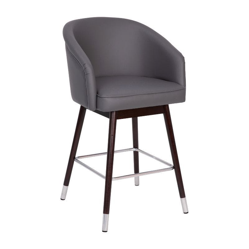Walnut Finish Wood Frame Counter Stool with Gray Faux Leather and Soft Bronze Accents