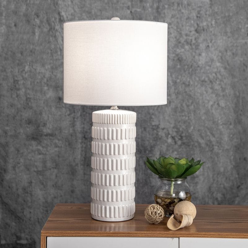Luminous White Ceramic 21" Table Lamp with Linen Shade