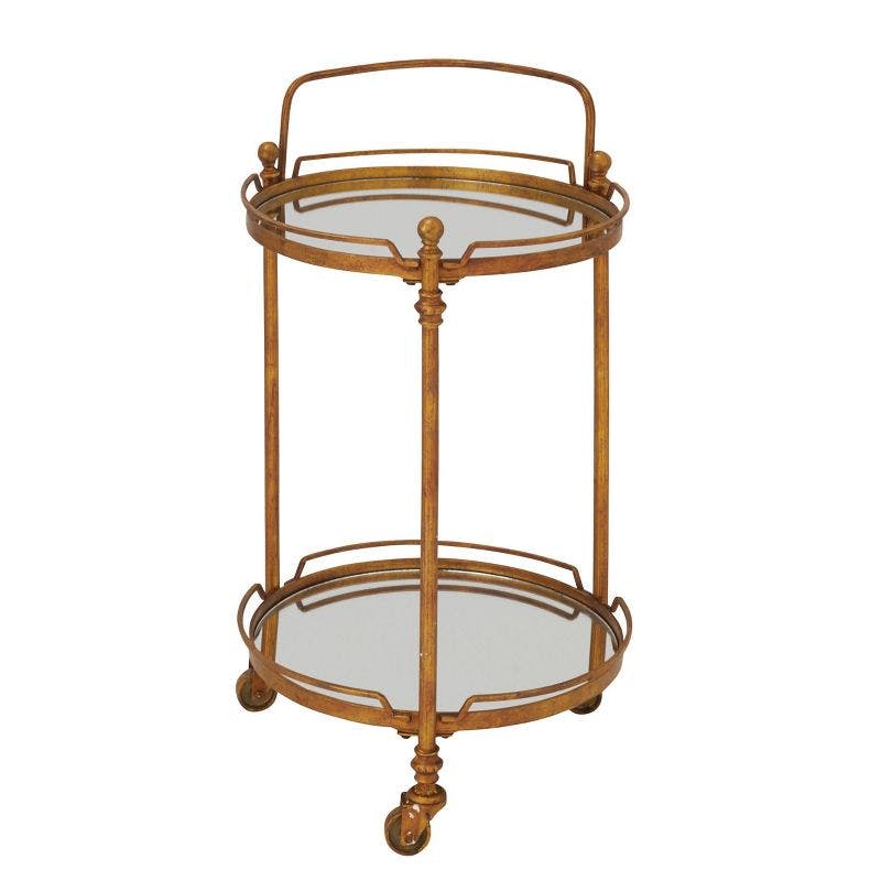 Elegant Brass 19" Round Bar Cart with Mirrored Shelves and Wheels