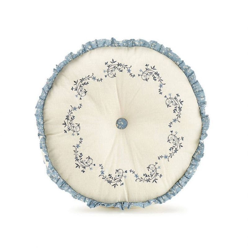 Charlotte 14'' Round Embroidered Blue and White Decorative Pillow