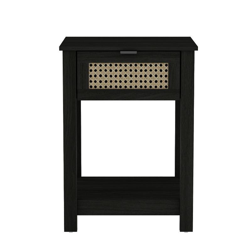 Oslo Oak and Black Oak 1-Drawer Nightstand with Rattan Accent