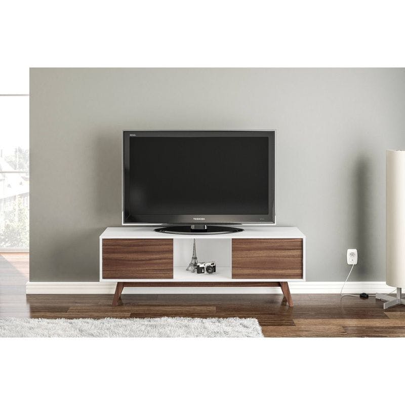 Sleek Dual-Tone White/Walnut TV Stand with Cabinet Storage