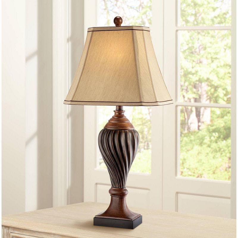 Elegant Two-Tone Brown Urn-Shaped Table Lamp with Beige Fabric Shade